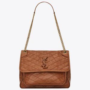 Yves Saint Laurent YSL NIKI Medium Vintage Crinkled Caramel Leather Chain Purse